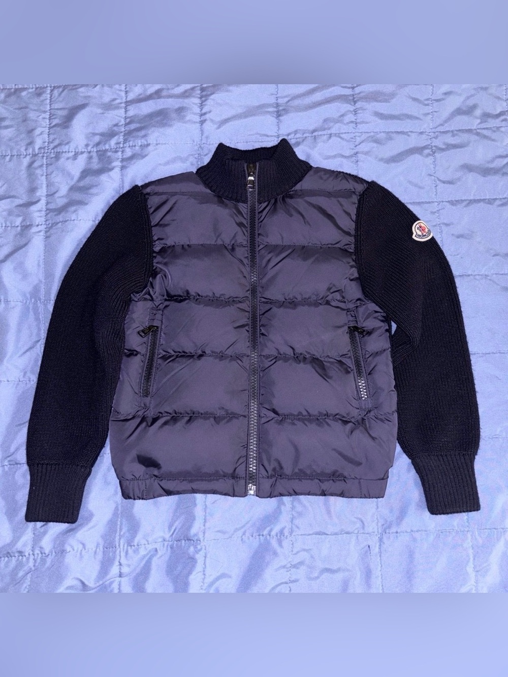 Moncler Black Quilted Puffer Jacket with Knit Sleeves - kids